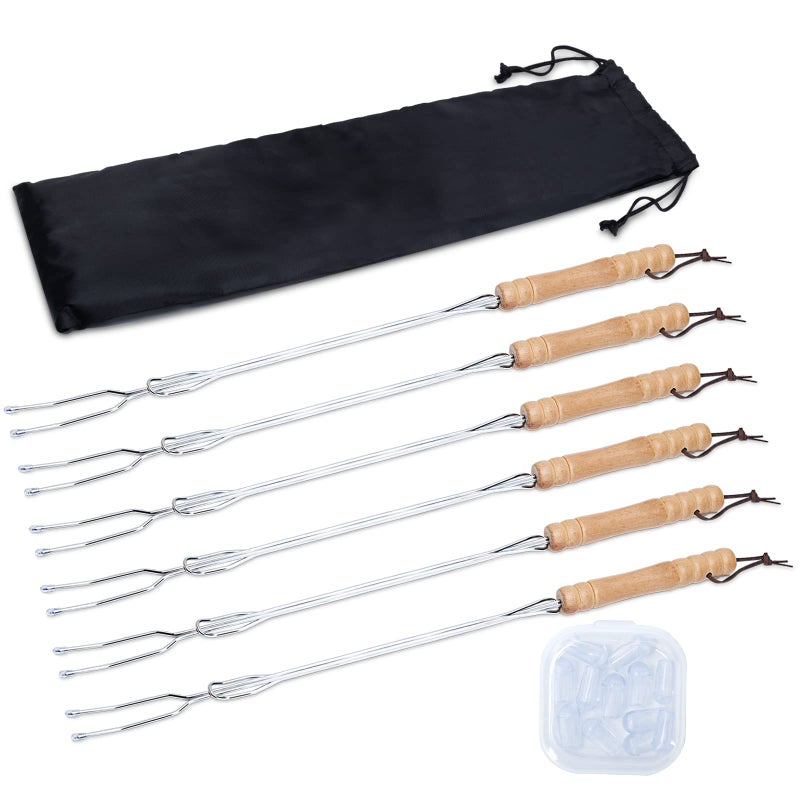 HENGI 6 Pack Marshmallow Sticks for Fire Pit, 30" Extendable Long Smores Sticks, Hot Dog Sticks for Campfire, Telescoping Heavy Duty Campfire Forks Roasting Sticks for Fire Pit with Carry Pocket - Image 1